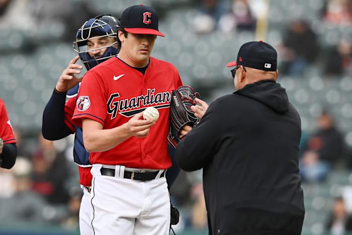 Apr 24, 2023; Cleveland, Ohio, USA; Cleveland Guardians manager Terry Francona relieves starting pitcher Cal Quantrill (47) during the fourth inning against the Colorado Rockies at Progressive Field. Mandatory Credit: Ken Blaze-USA TODAY Sports